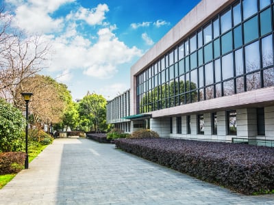 Entrance of modern office building. External Cleaning service Cambridge.