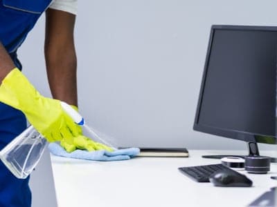 Office Cleaning Cambridge Young Male Maid Cleaning Glass Desk With Feather Duster In Office